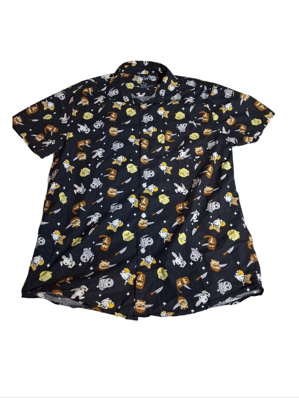 Hot Topic Size L Black Cute Animals with Knives Short Sleeve Button Up Shirt